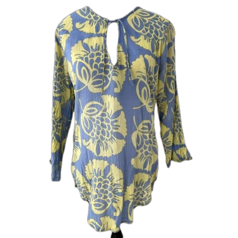 ROCK FLOWER PAPER Cotton Blouse Bell Sleeves Tie Neck Crinkle Fabric Floral Boho